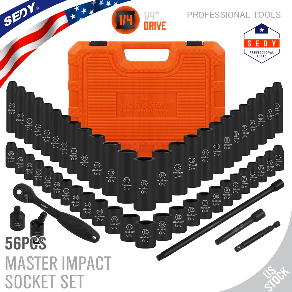 56PC 1/4" Drive Shallow & Deep 6-Point Socket Set Extension Bar Universal Joint