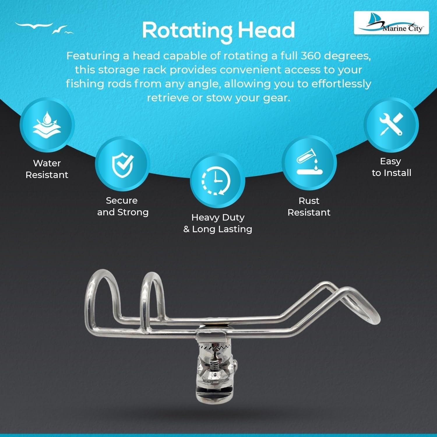 Marine City Fishing Rod Holder Stainless Steel Rotating Head 7/8" to 1-1/4" Tube