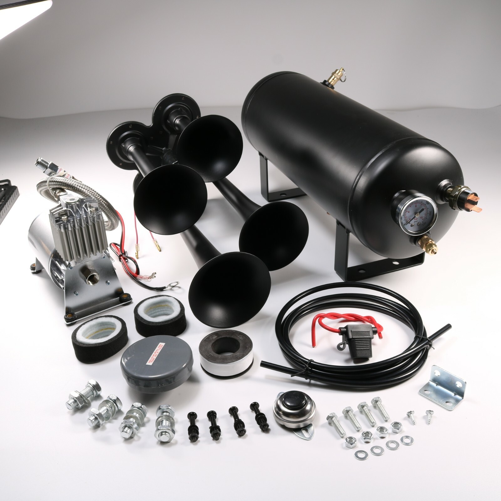 Train Horn Kit 4 Trumpets Semi Loud System 1.5G Air Tank 150PSI For Truck Car