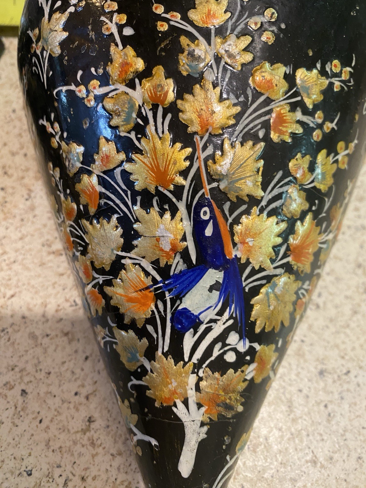 Set Of VINTAGE ASIAN CHINOESERIE BLACK LACQUER WALL POCKETS Orange Florals Birds