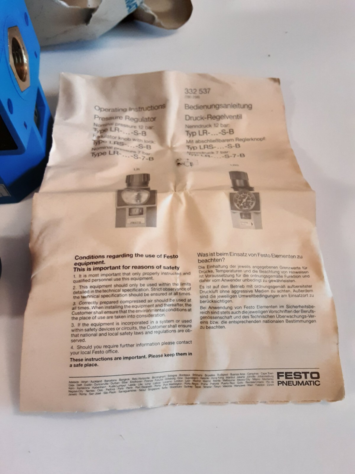 NOS Festo Pneumatics 150054 Pressure Regulator LR-1/2-S-B With Box & Directions