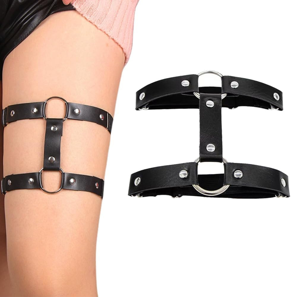 Black PU Leather 2 Rows Leg Harness Adjustable Elastic Punk Garter Belt Gothic T