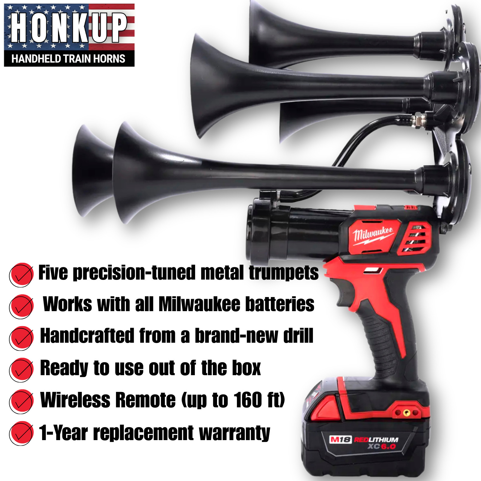 Milwaukee M18 Train Air Horn - Impact Drill Train Horn 5-Trumpet Penta + REMOTE