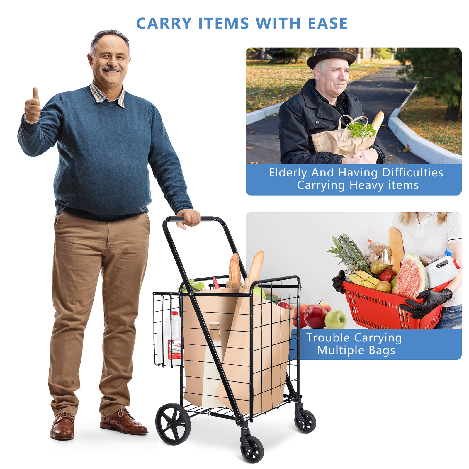 Portable Folding Shopping Cart Double Basket for Grocery Laundry W/Wheels Black