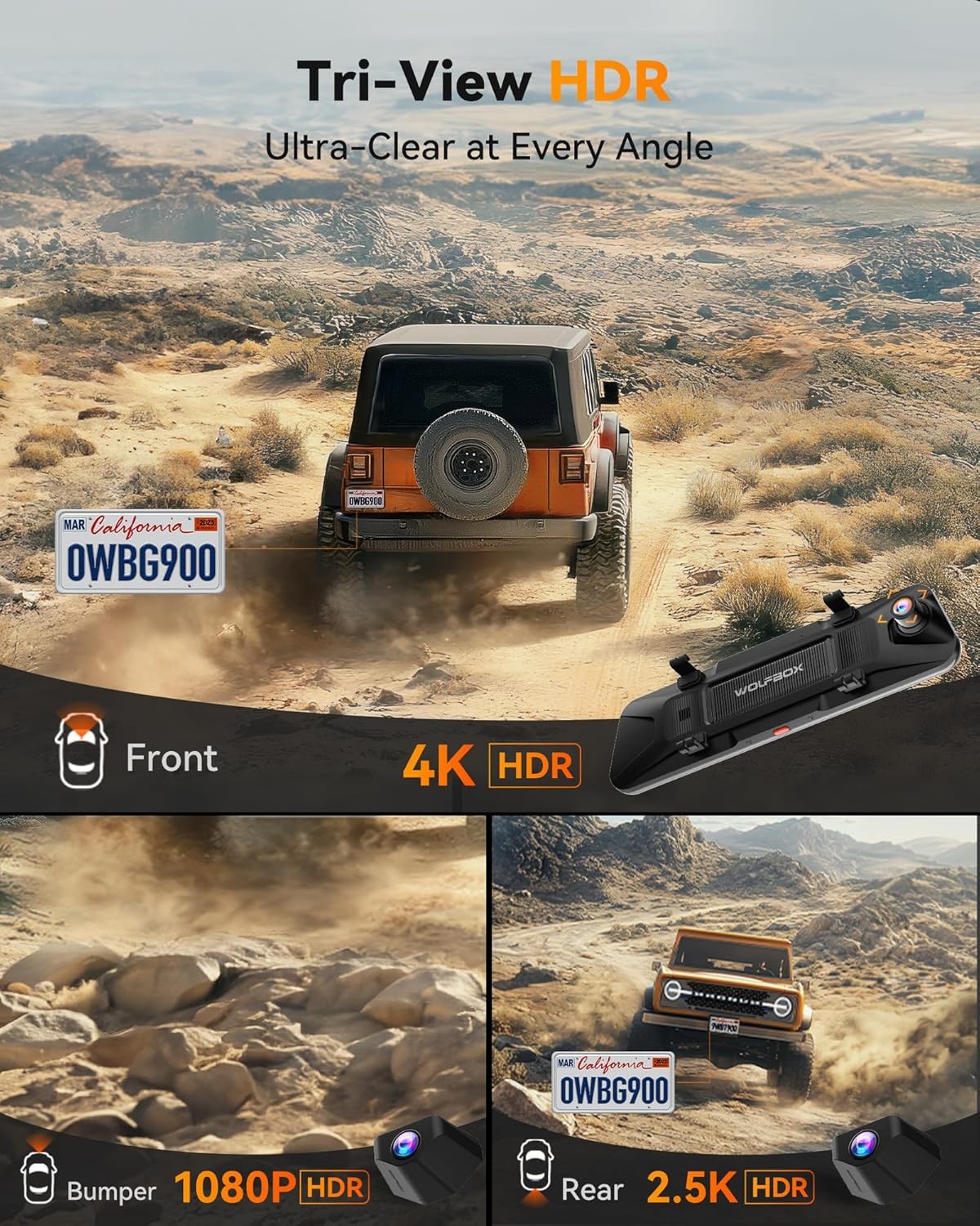 WOLFBOX G900 Tripro Bumper 12" 4K Mirror Dash Camera 3 Channel WiFi Night Vision