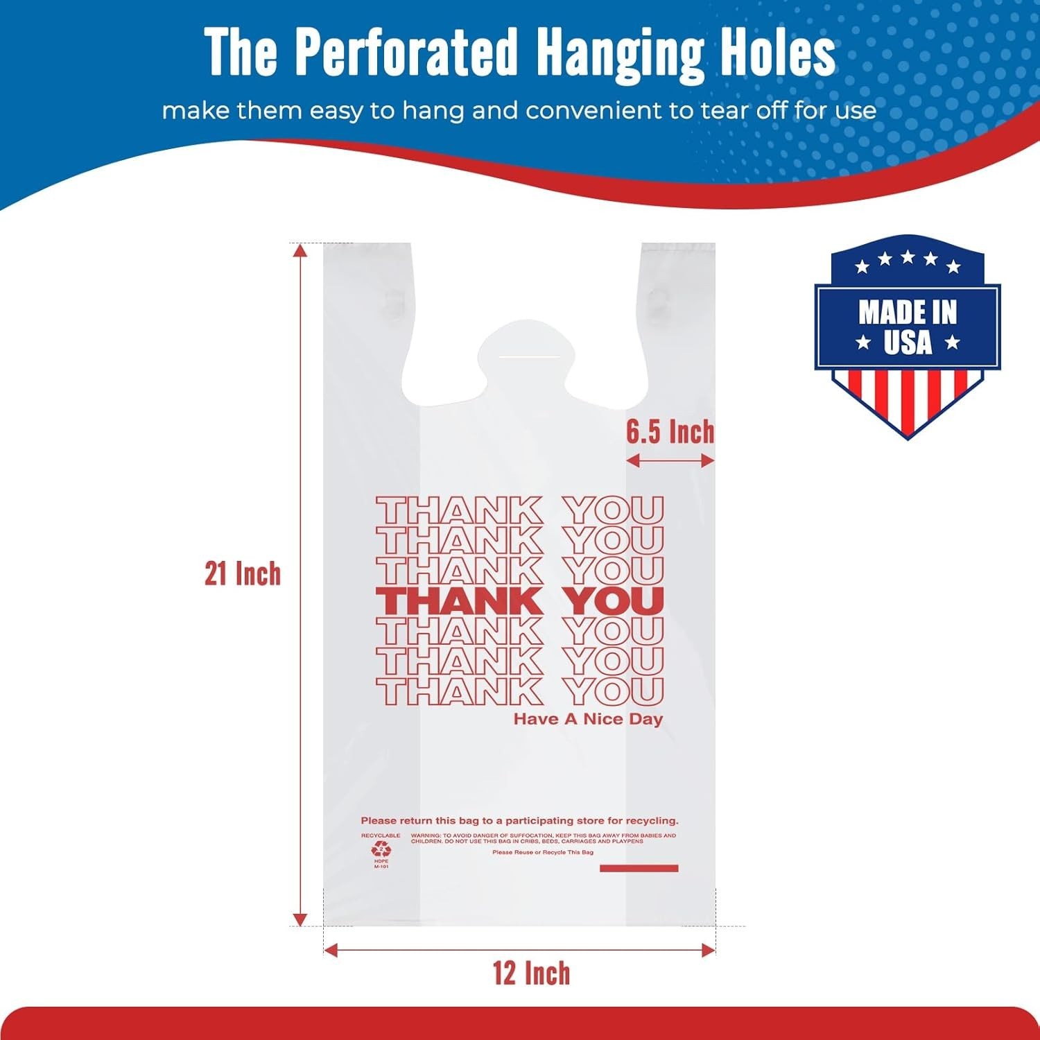 1000-2000 Thank You T-Shirt Bags 12" x 6.5" x 21", Plastic Grocery Shopping Bags