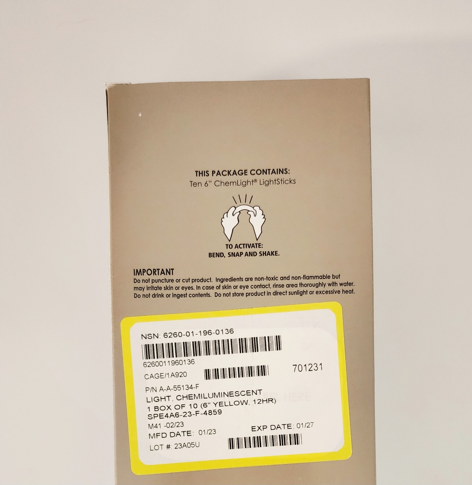 LC Industries ChemLight 6 inch Yellow Box of 10 Military Grade Glow Sticks