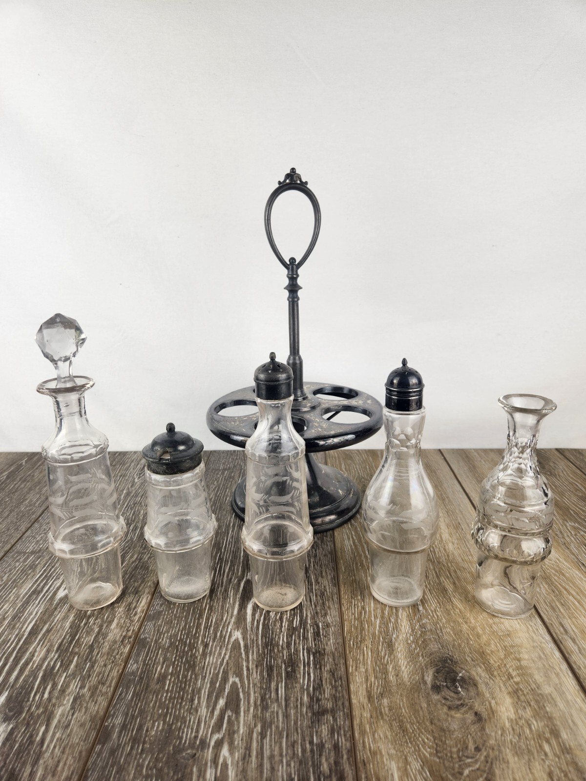 Antique Silver Plate Cruet Castor Condiment Serving Tray Set w/ 5 Bottles