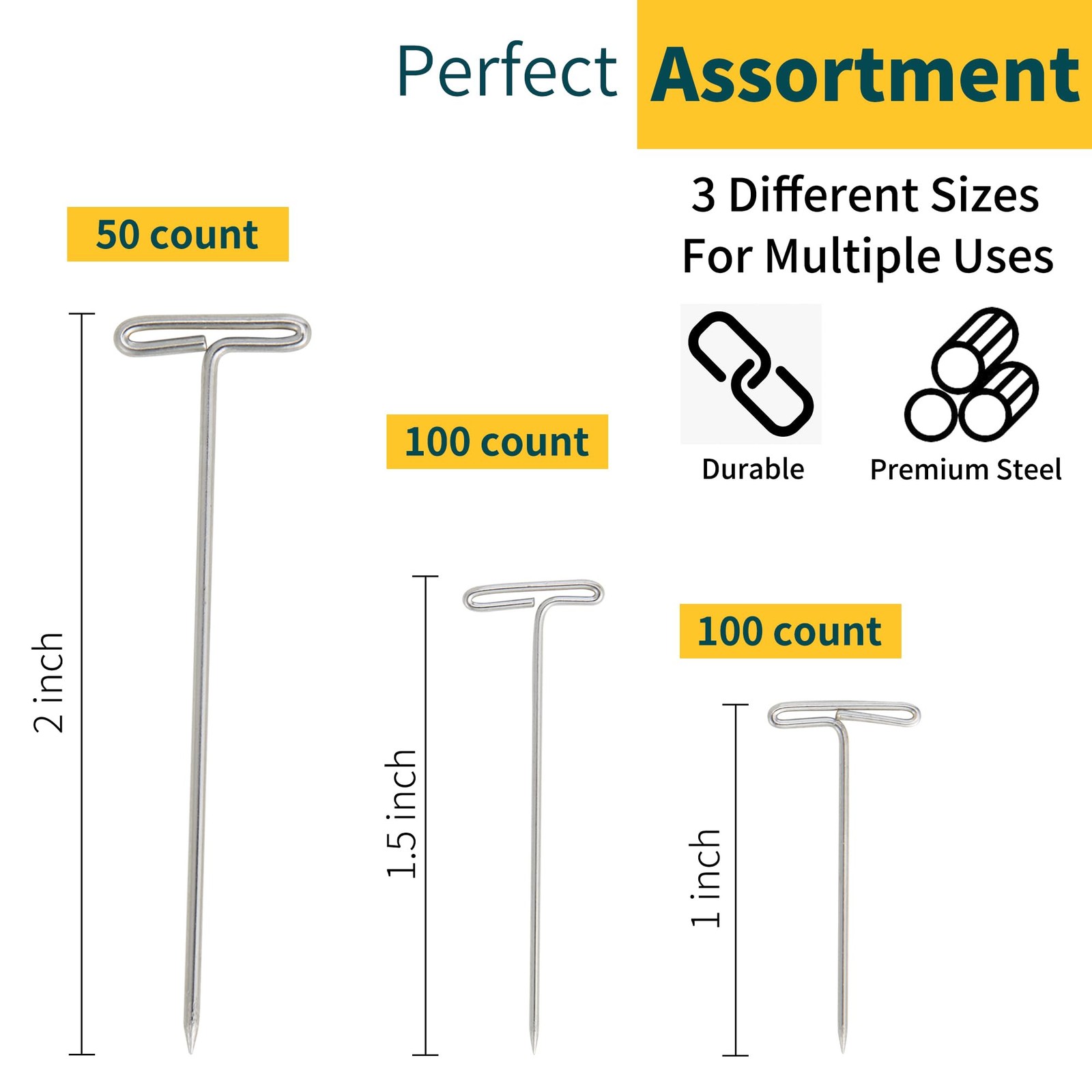 250Pcs T Pins, 1inch /1.5inch/ 2 inch T-Pins,Stainless Steel T Pin for Wigs, ...