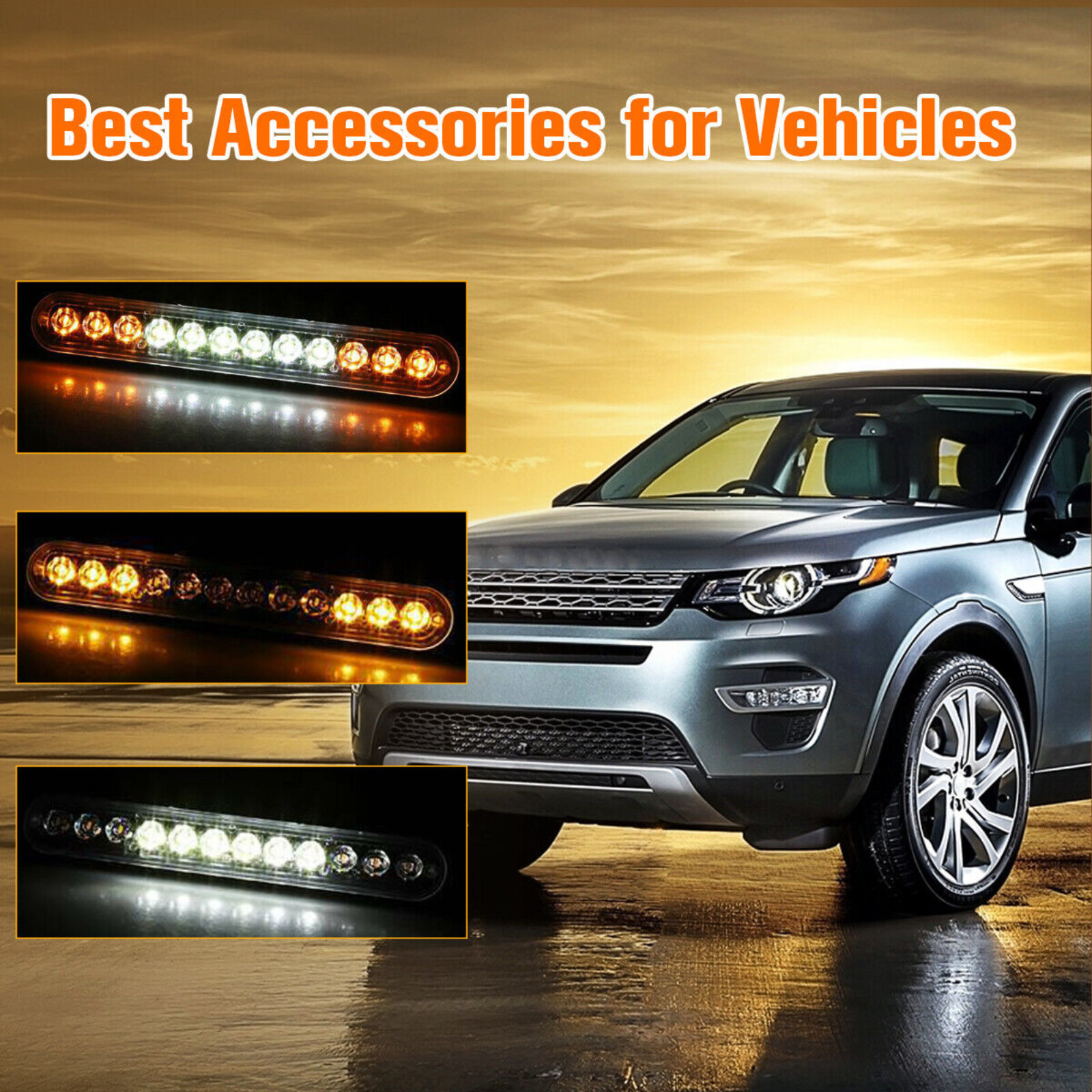 4PCS Amber/White 12 LED Car Truck Strobe Light Bar Flashing Warning Hazard Lamps