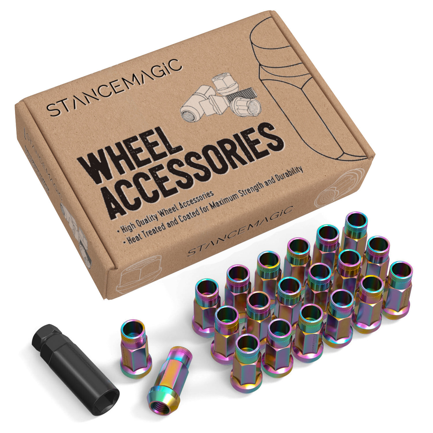 (20) 12x1.25 Lug Nuts | Neochro Neochrome Cone Seat | Extended Tuner Open End