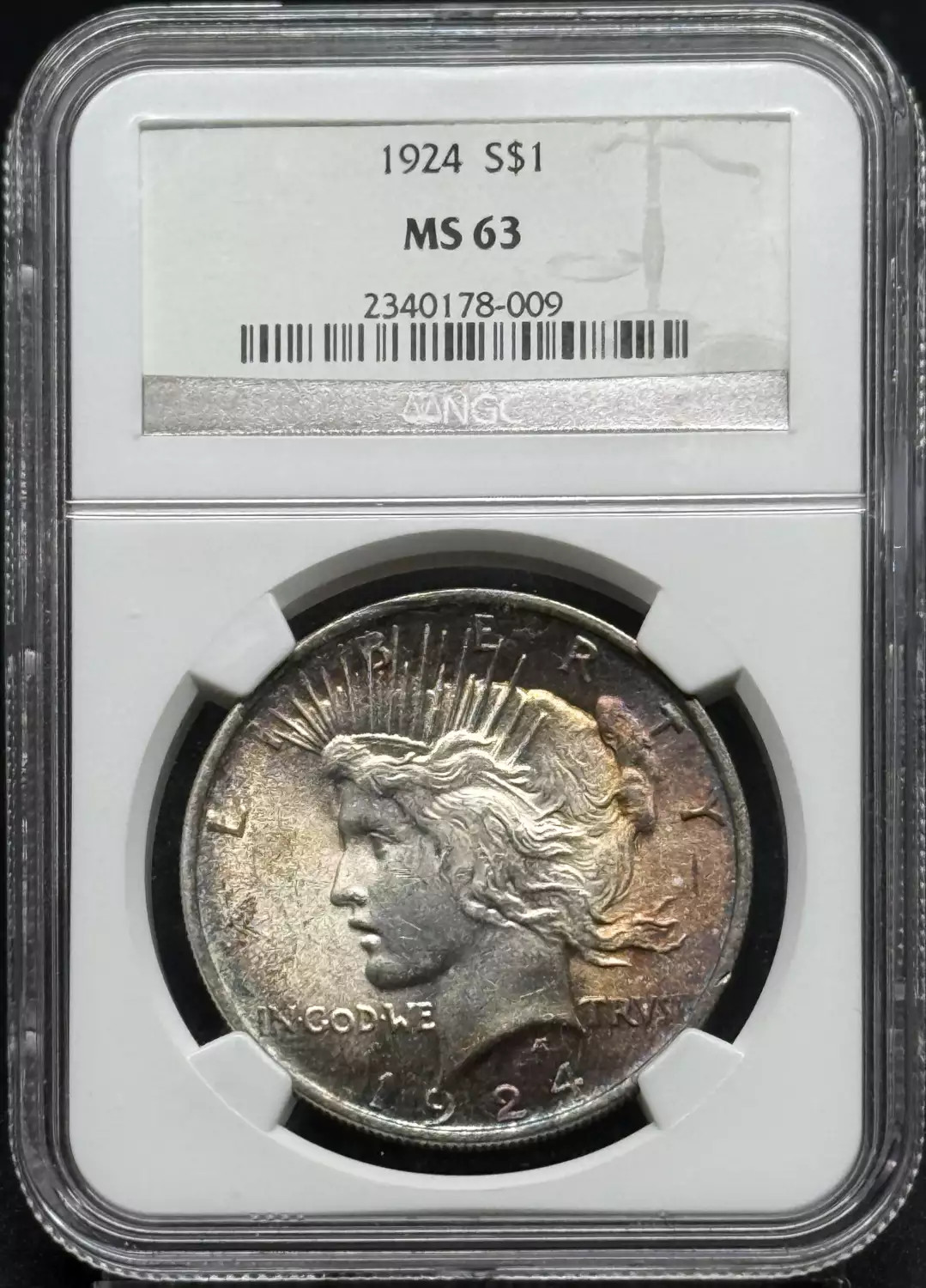 1924 Peace Silver Dollar NGC MS-63 Rainbow Toning