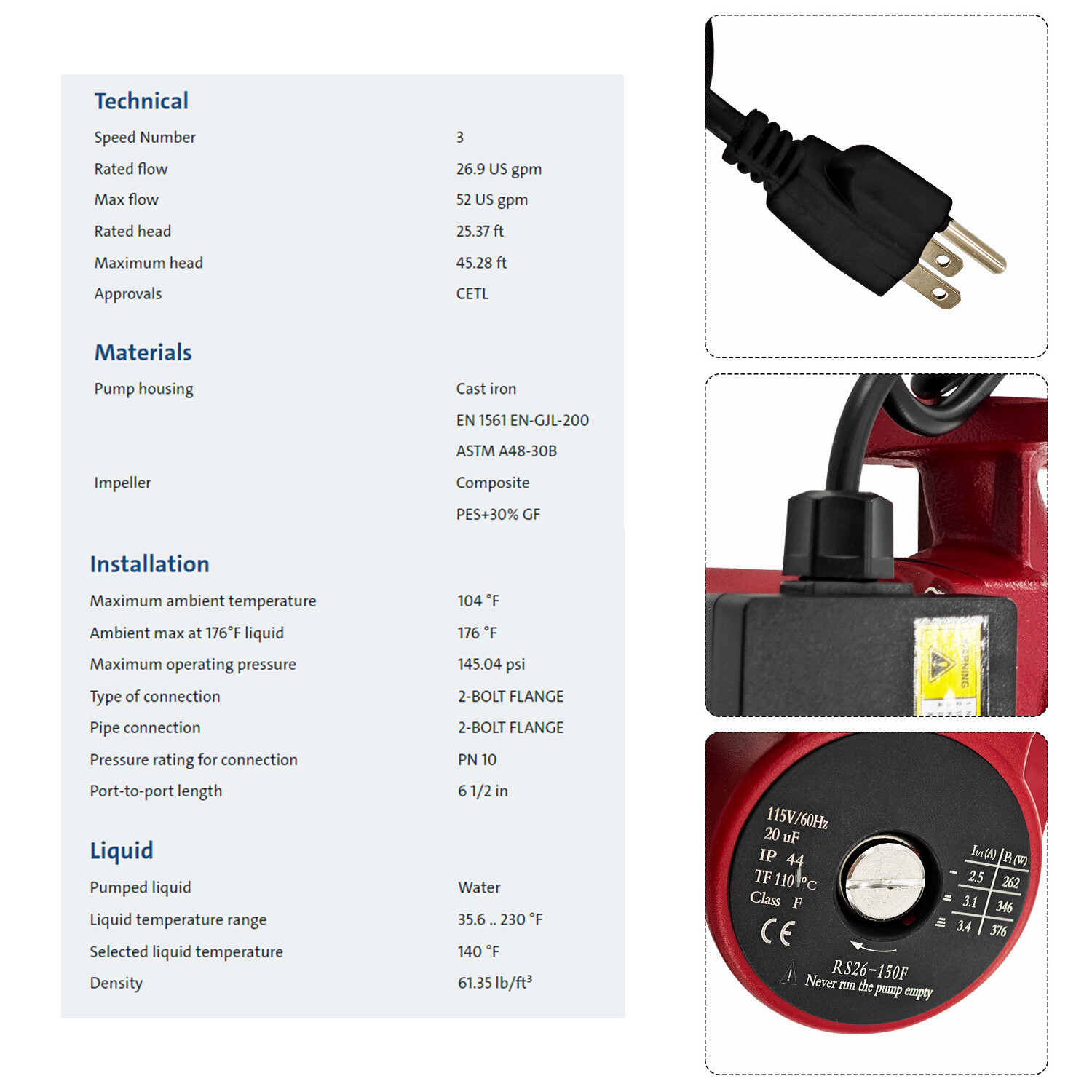 For Grundfos 95906630 UPS26-150F Cast Iron Circulator Pump 115V 1/3 HP Cast Iron