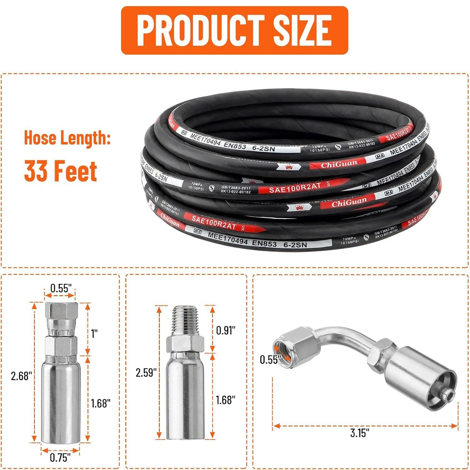 33FT 1/4" Hydraulic Hose w/ 16 Fittings (JIC Female & NPTF Male & JIC Female 90°