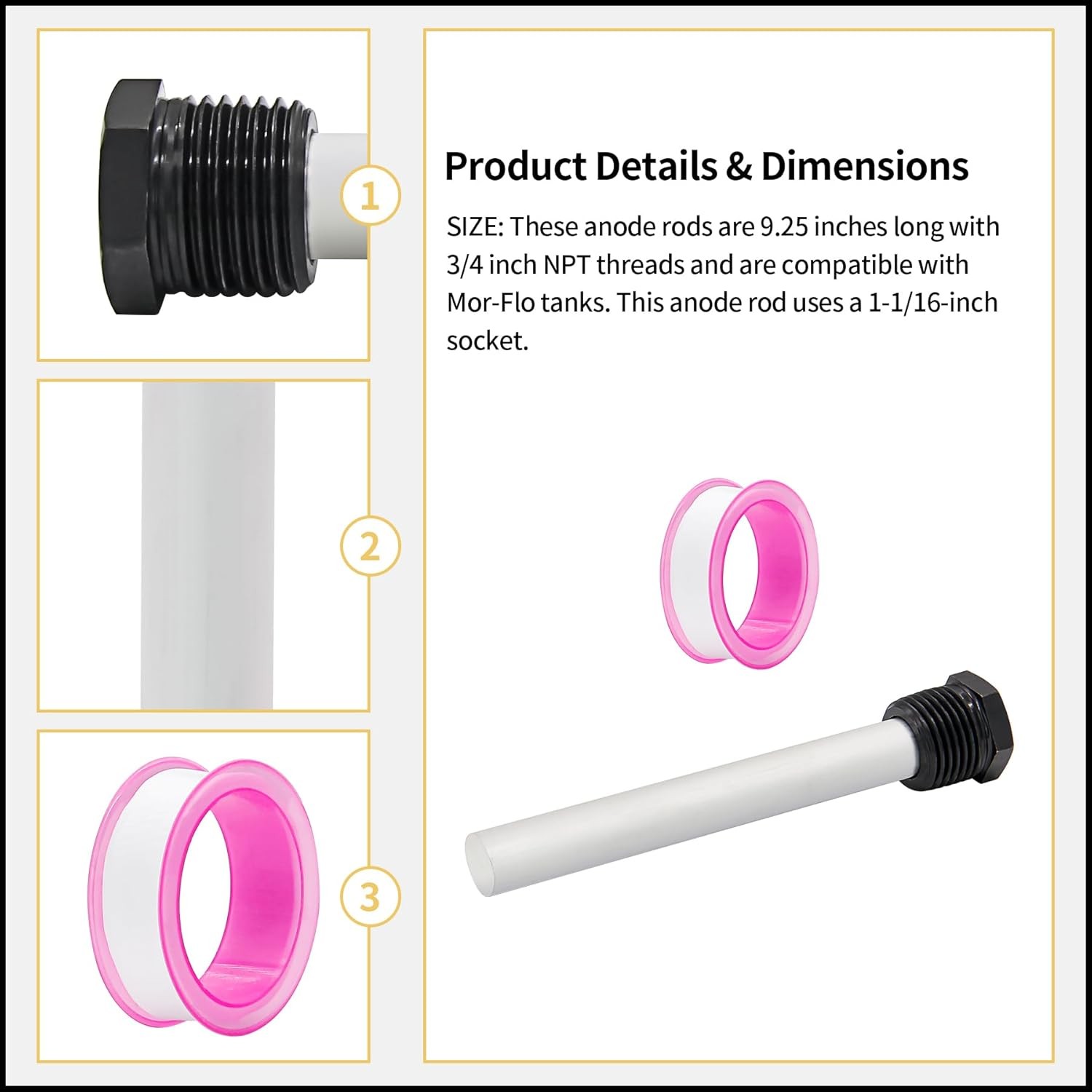 2-Pack Magnesium Anode Rod for RV Water Heater + PTFE Tape For Suburban