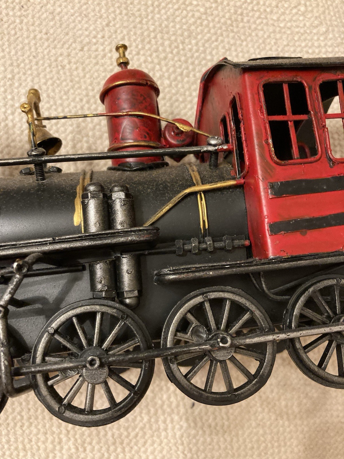 Vtg Decorative Metal Steam Locomotive Model Train Engine Red Black Gold On Base