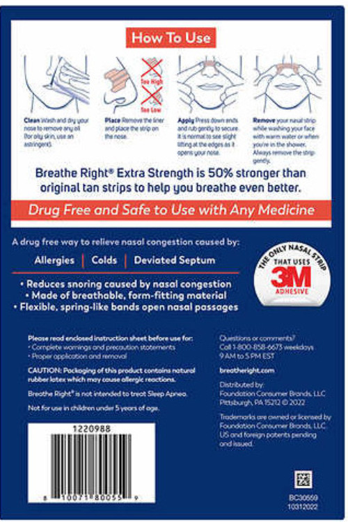 Breathe Right Extra Strength Nasal Strips 72 Tan Strips Congestion Relief