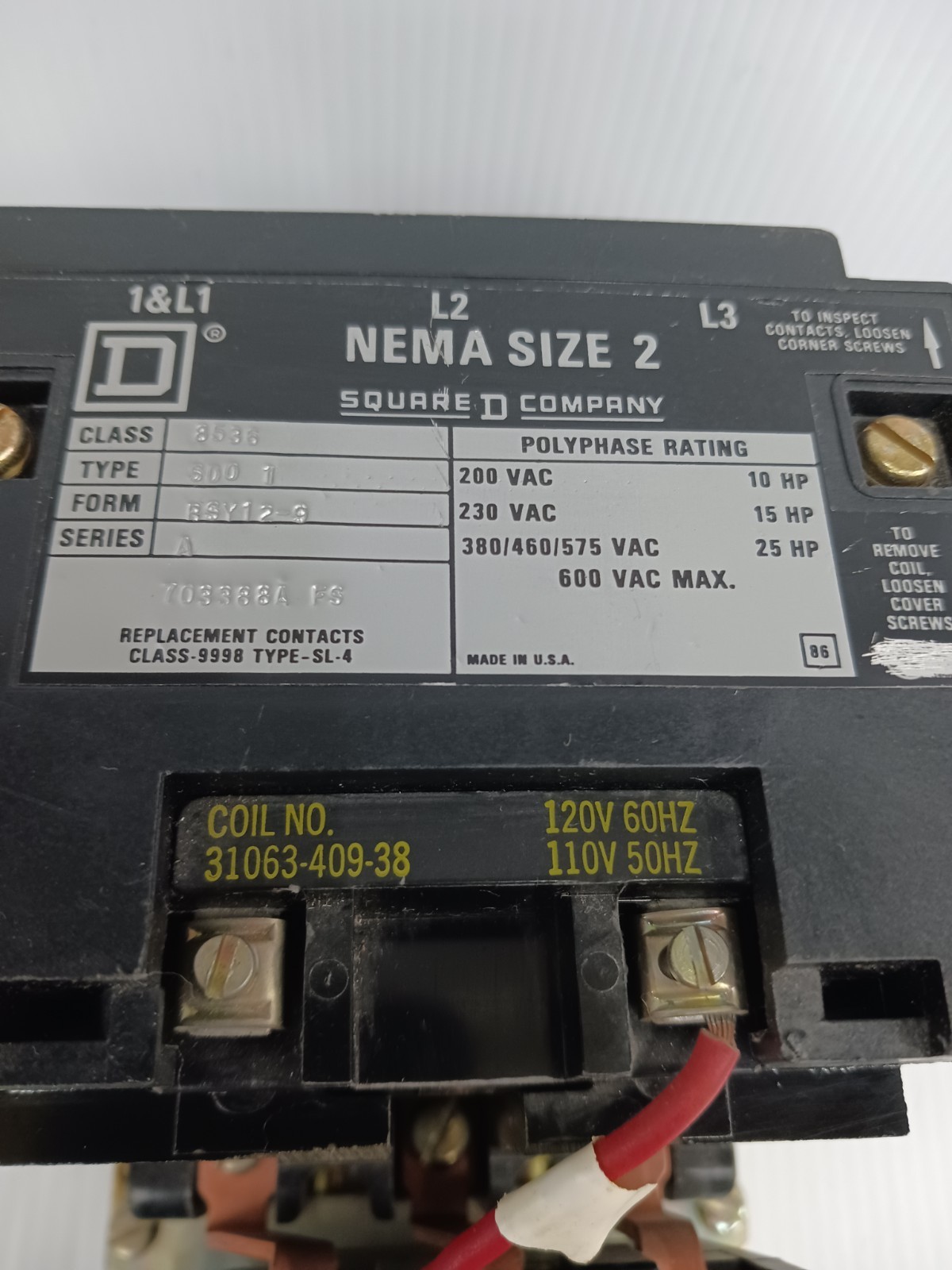 New Square D Size 2 Motor Starter 8536 SD01 Coil 120 V ac 25 HP