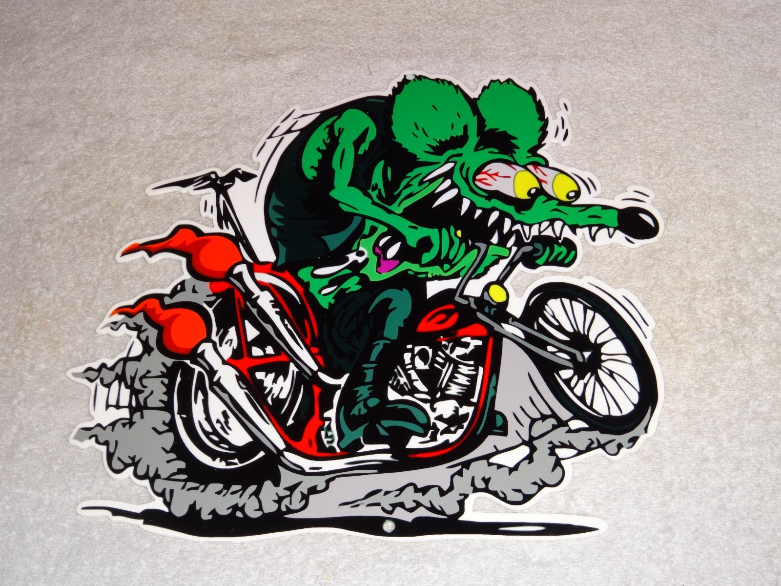 VINTAGE RATFINK RIDES MOTORCYCLE 12" PORCELAIN METAL RAT FINK GASOLINE OIL SIGN