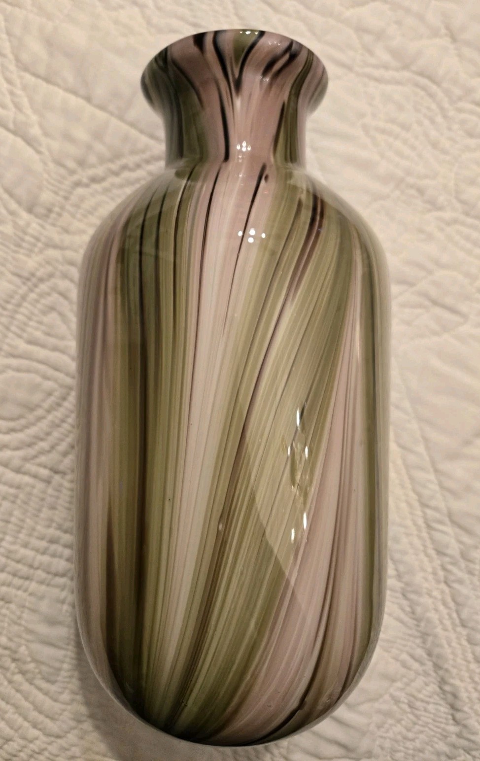 Vintage Heavy Murano Glass Vase Stripes Swirls 12" Hand Blown Green Purple 60s ?