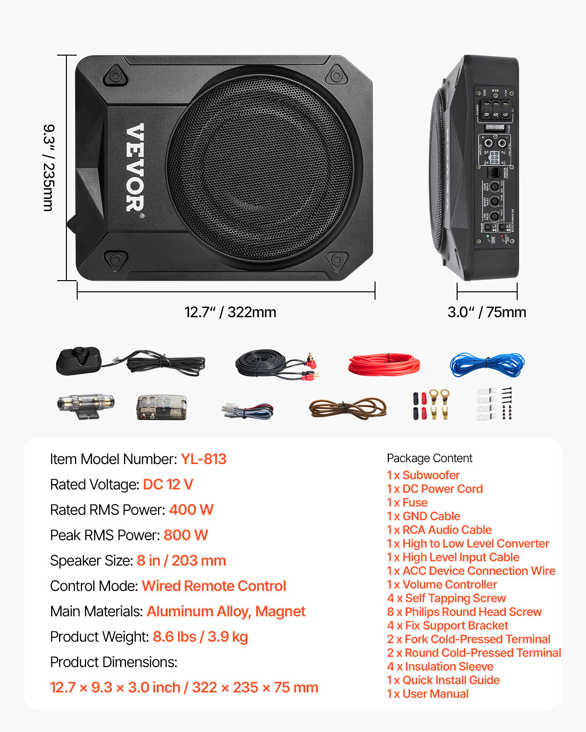 VEVOR 8" 800W Slim Under Seat Car Subwoofer Car/Truck Sub Amp Kit Deep Bass