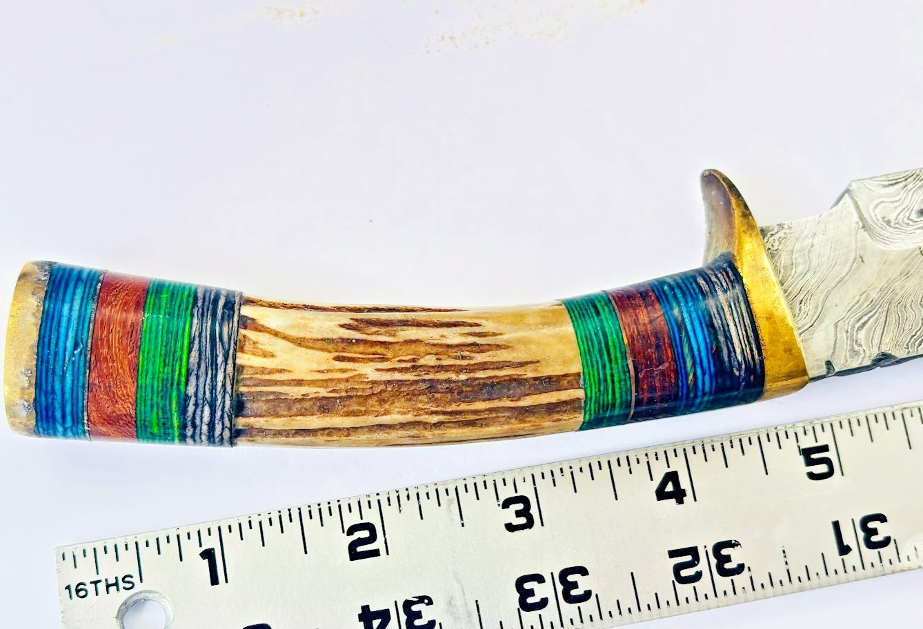 Vintage Stag Handle Fixed Blade Knife Damascus Blade Knives & Leather Sheath