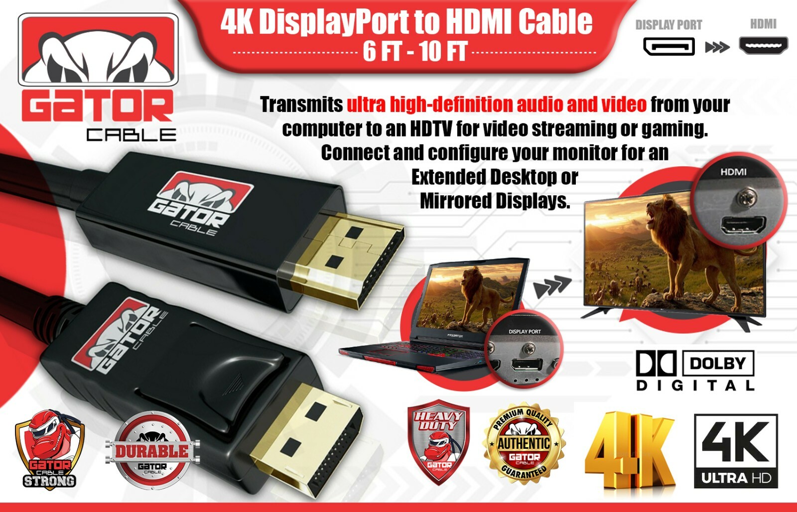 4K Display Port DP to HDMI Cable 60Hz 2160P 25.92Gbps HDR Audio Video Adapter PC