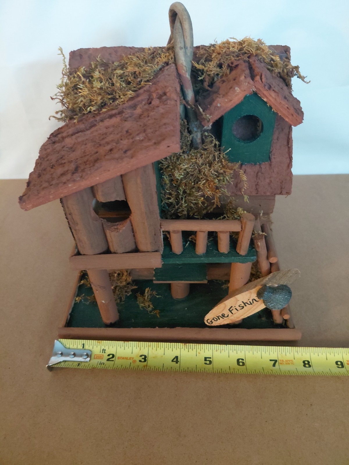 Rustic Gone Fishing Log Cabin Birdhouse Cottage Wood Bark Moss Accents Unused