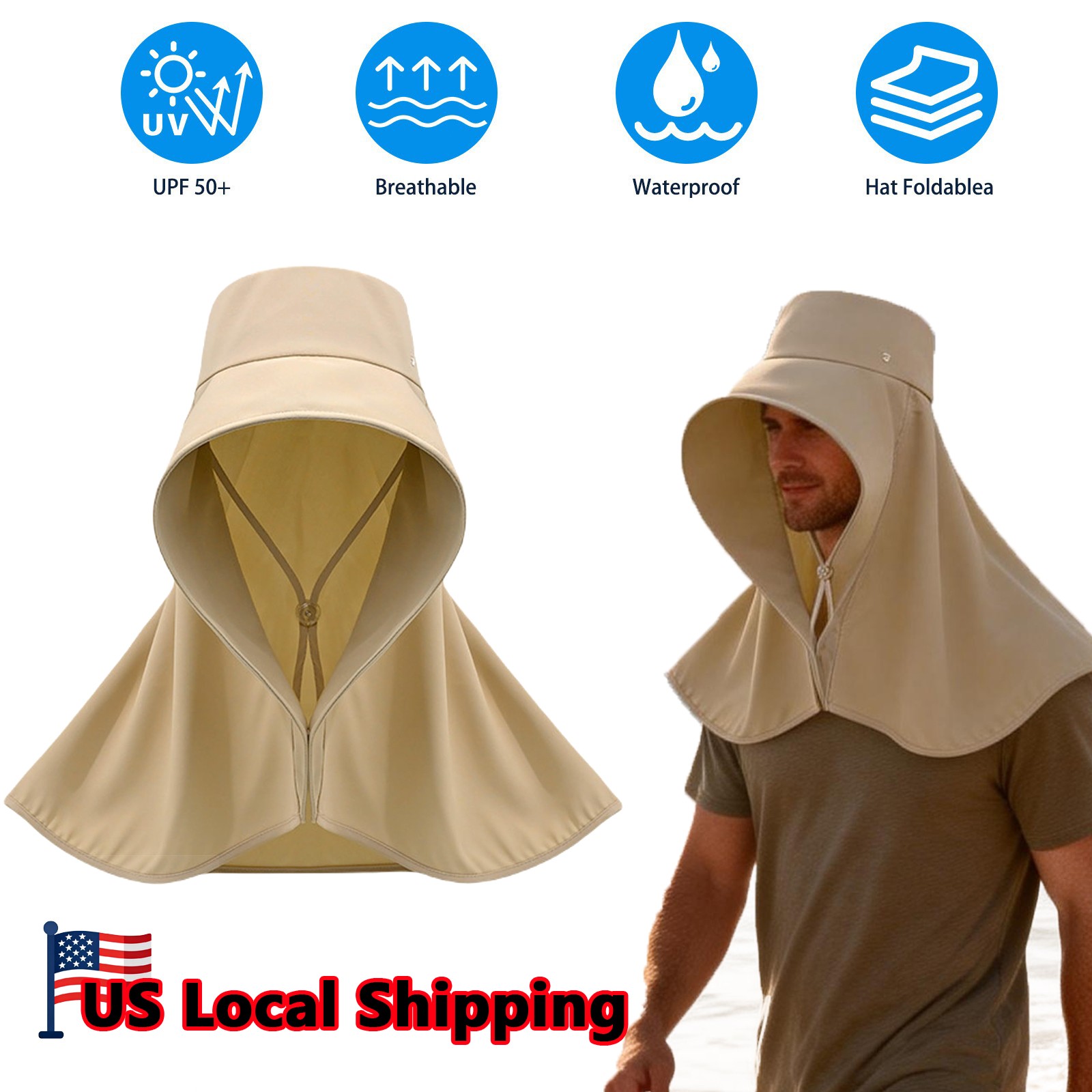 Wide Brim Sun Hat with Neck Flap UV Protection Hiking Fishing Cap for Men Women