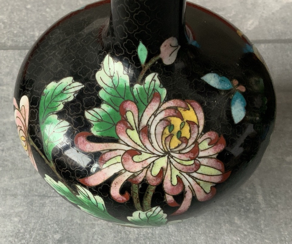 Lot Of 4 CLOISONNE Noir Enamel On Brass Variety Shapes Vases Vintage & Antique