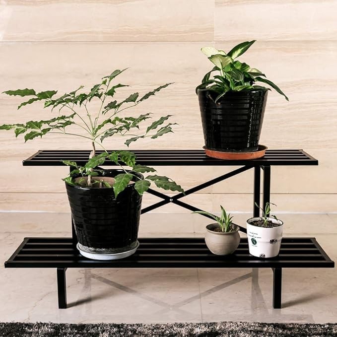 Metal Plant Stand 2 Tier Heavy Duty Indoor outdoor, Long Flower Pot Holder Shelf