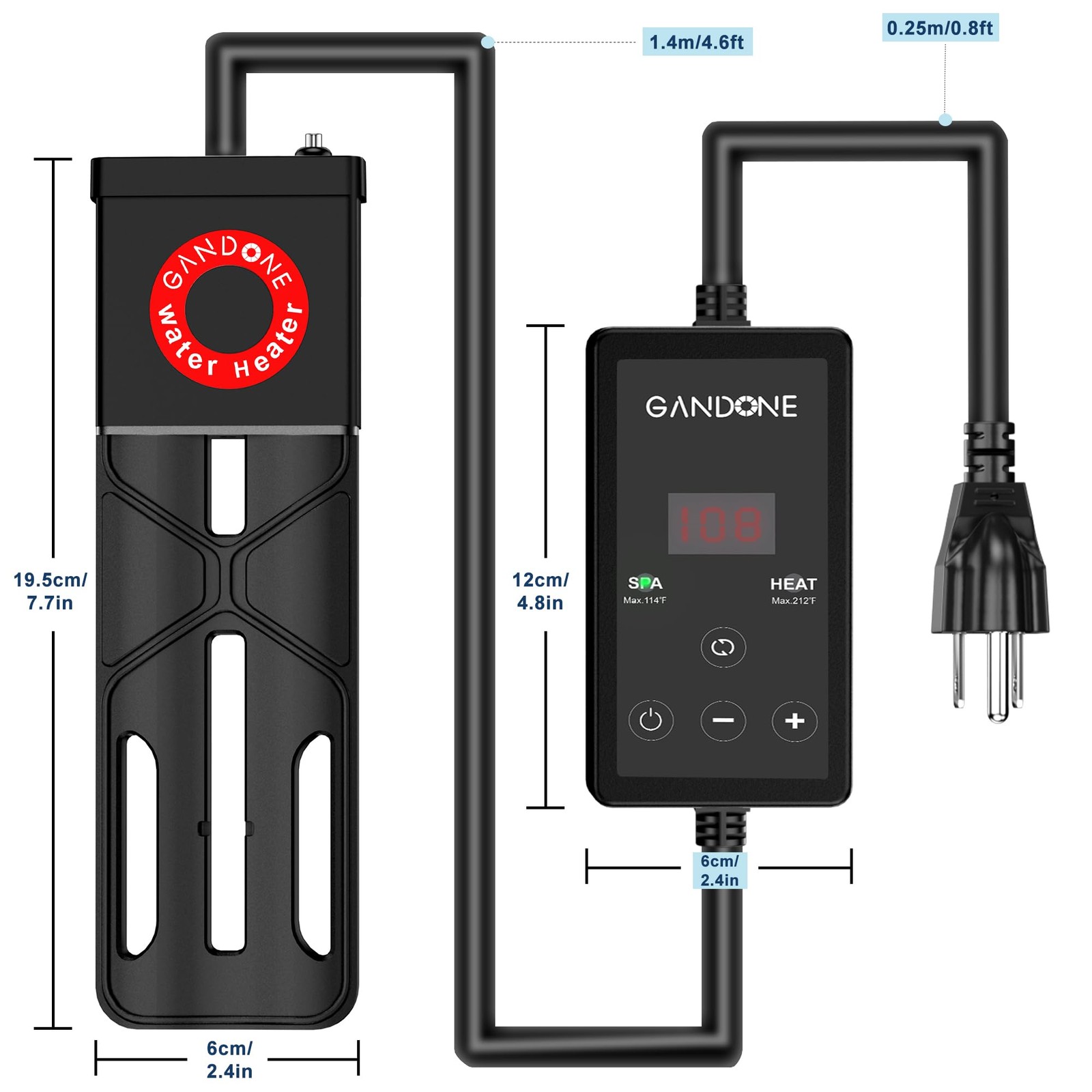 GANDONE Dual Spa Water Heater, Portable Hot Tub Immersion Heater Black
