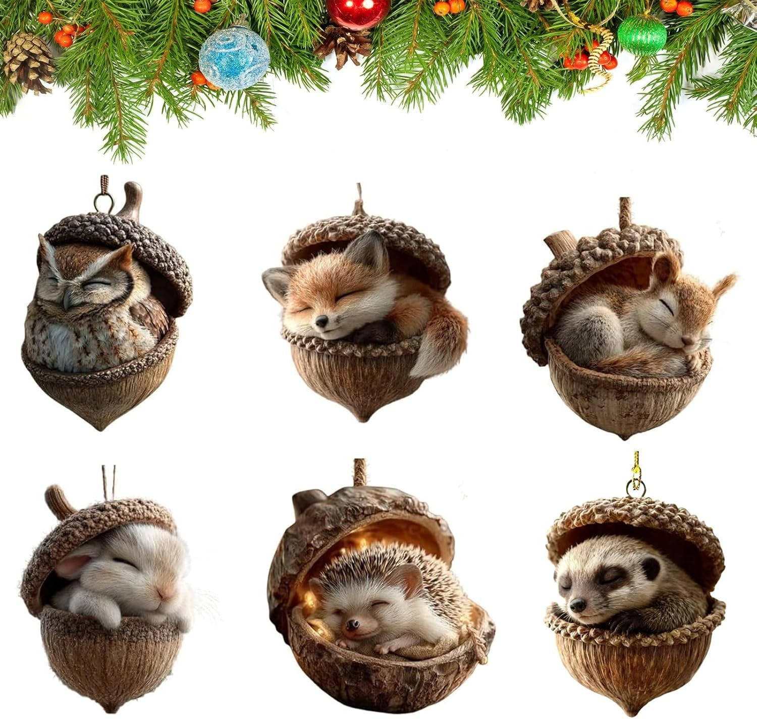 6pcs Cozy Forest Christmas Ornaments Forest Animal Acorn Ornaments.