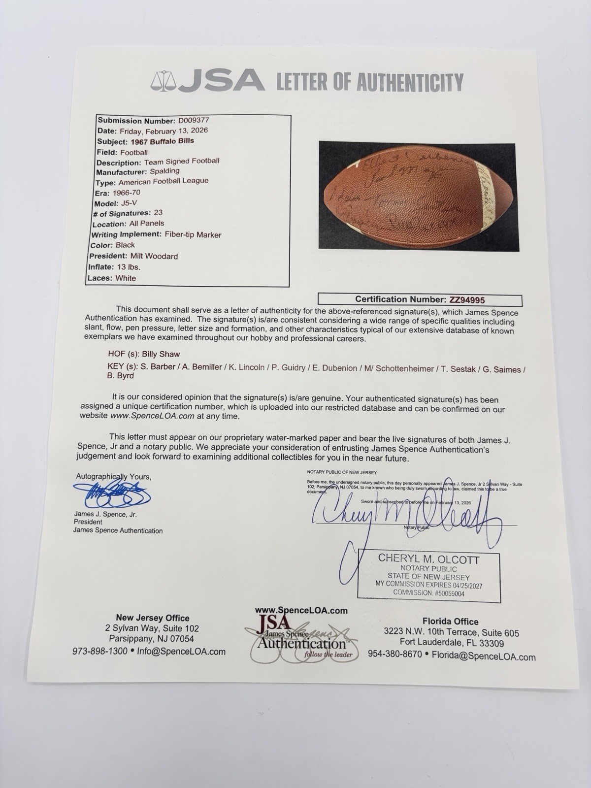 Spalding J5V American Football League Football - 1967 Buff Bills - JSA - Woodard