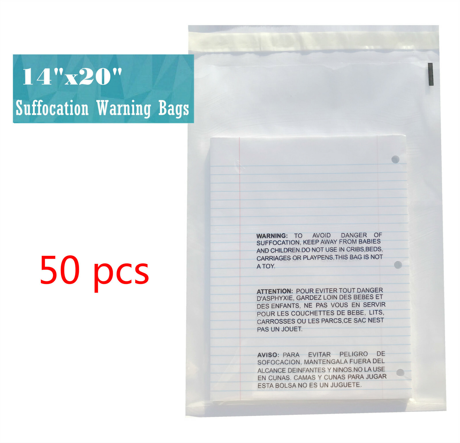 14x20 Clear Suffocation Warning Poly Self Seal Bags -ST ShipMailers