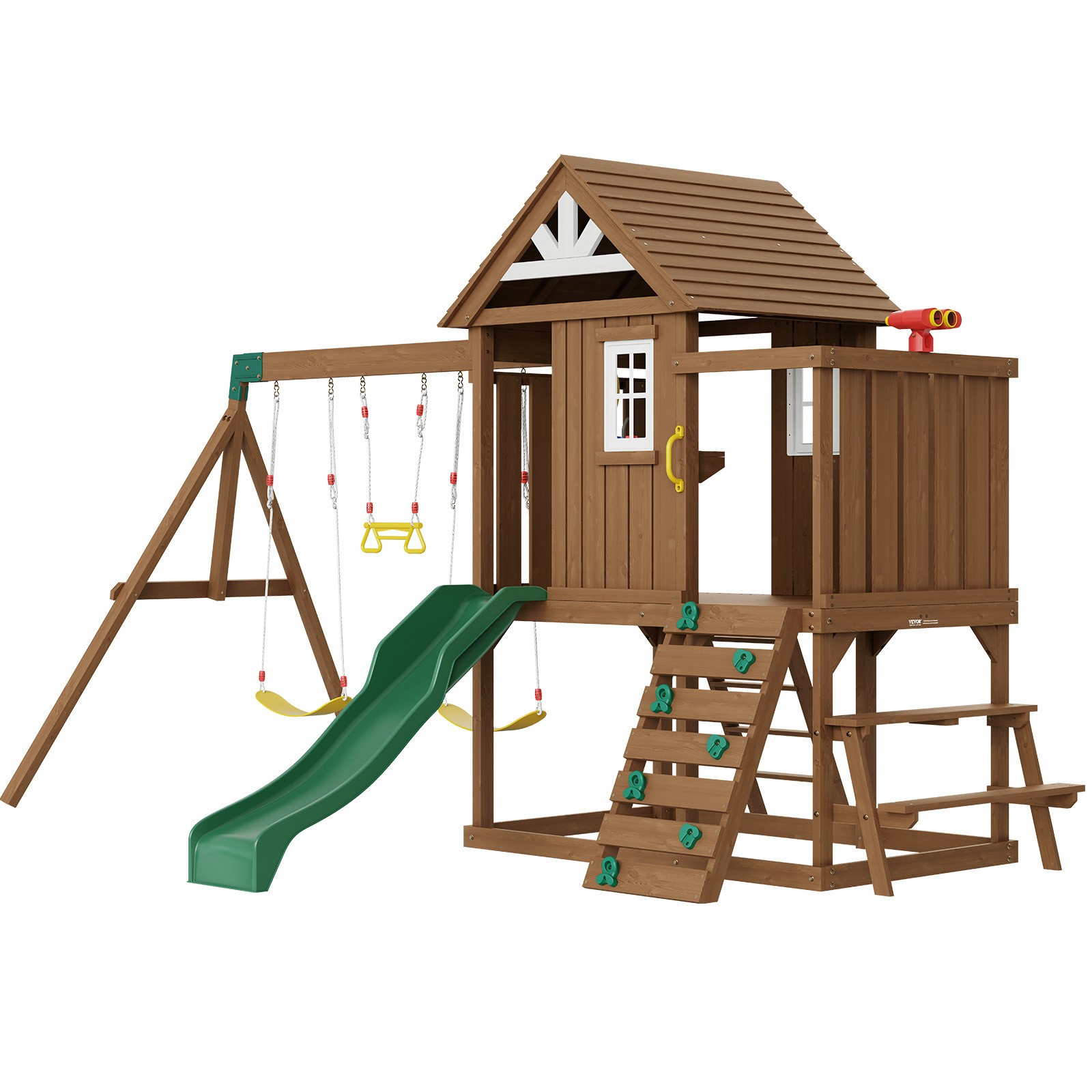 Wooden Swing Set 9 IN 1 Outdoor Playground Sets 6 FT Slide Upper Fort
