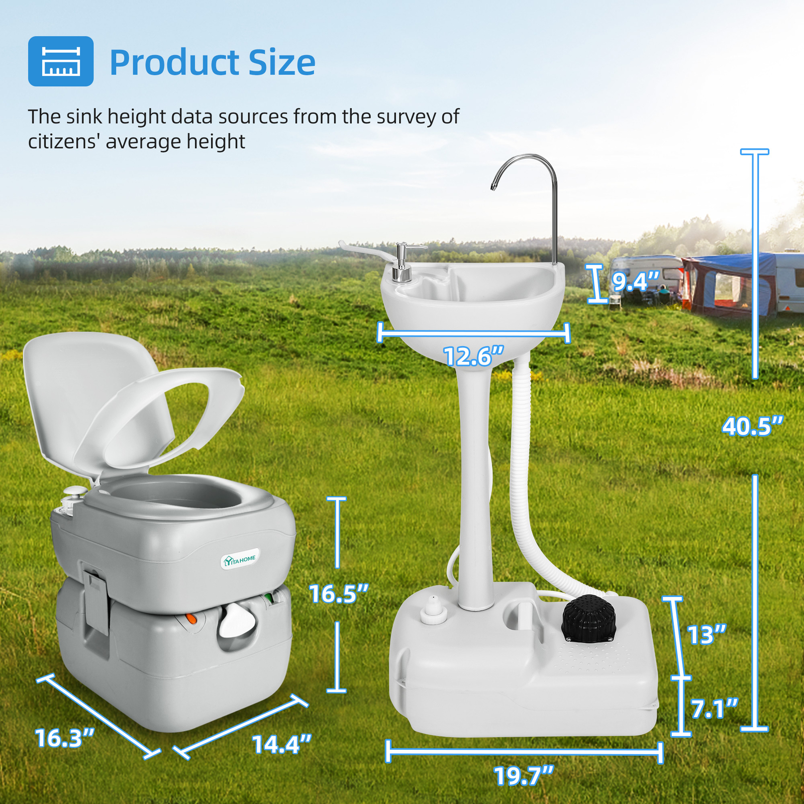 5.8 GAL Portable Toilet & 17L Portable Sink w/ Hand Sprayer for Outdoor Camping
