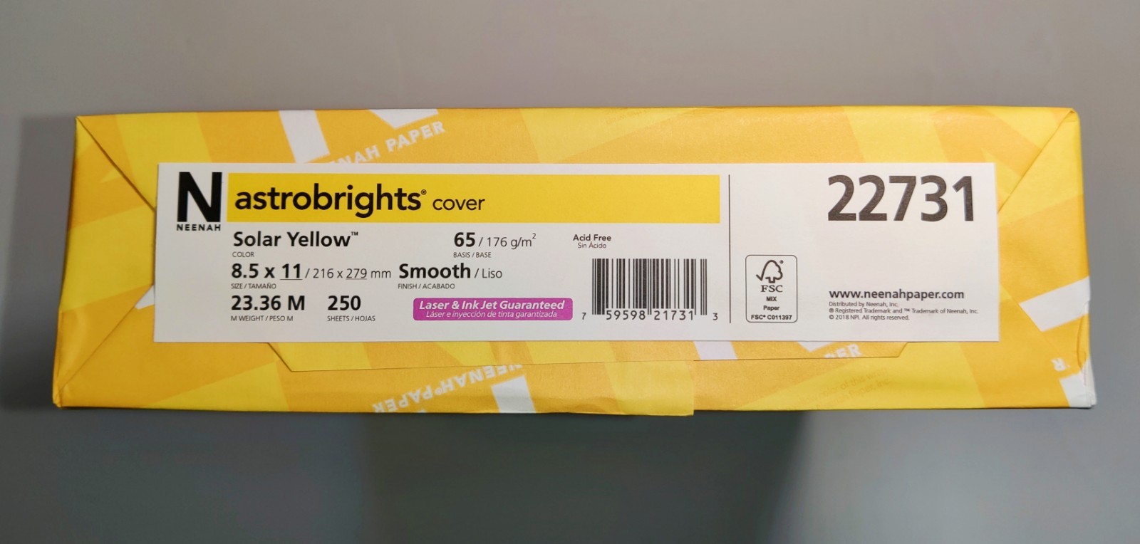 Neenah Paper Astrobrights Colored Card Stock 65 lb. 8-1/2 x 11 Solar Yellow 250