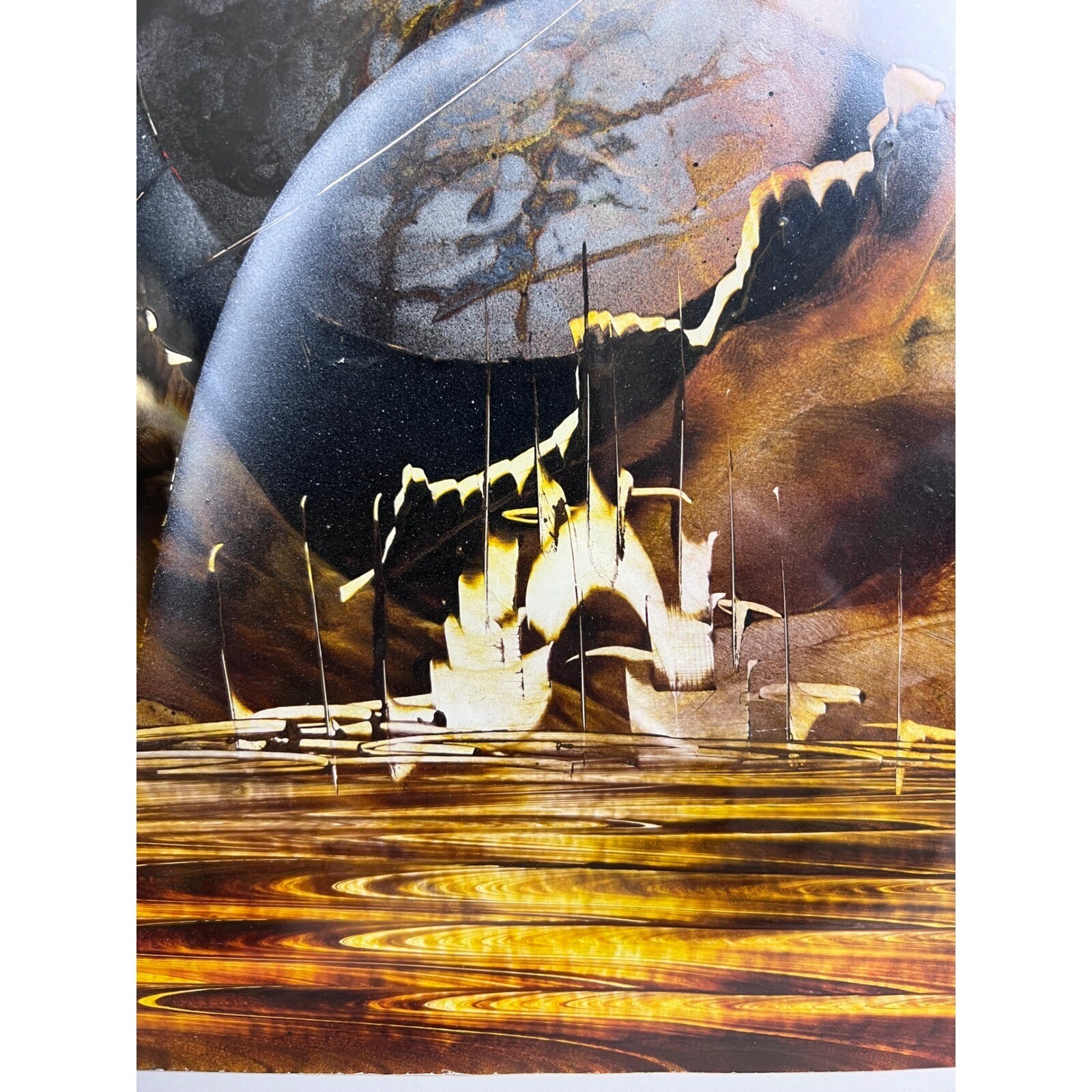 Vintage Fantasy Landscape Planets Sci-Fi Spray Paint Signed Framed Art Painting