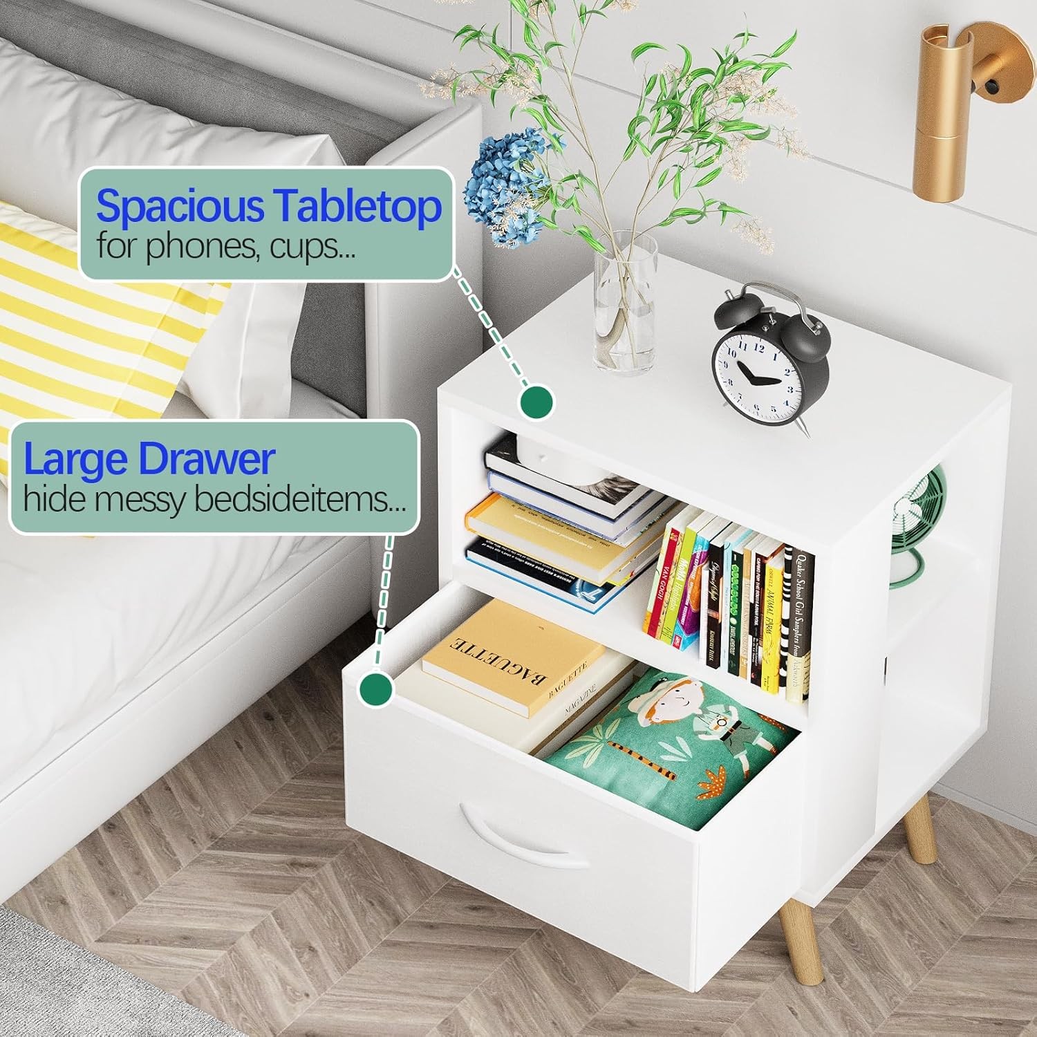 Night Stand White Kids Nightstand W/ Drawer Nursery Side Table W/ Open Storage