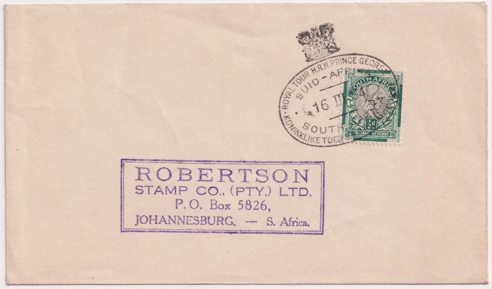 1934 South Africa Royal Tour Cover Prince George Cancel Robertson Stamp Co