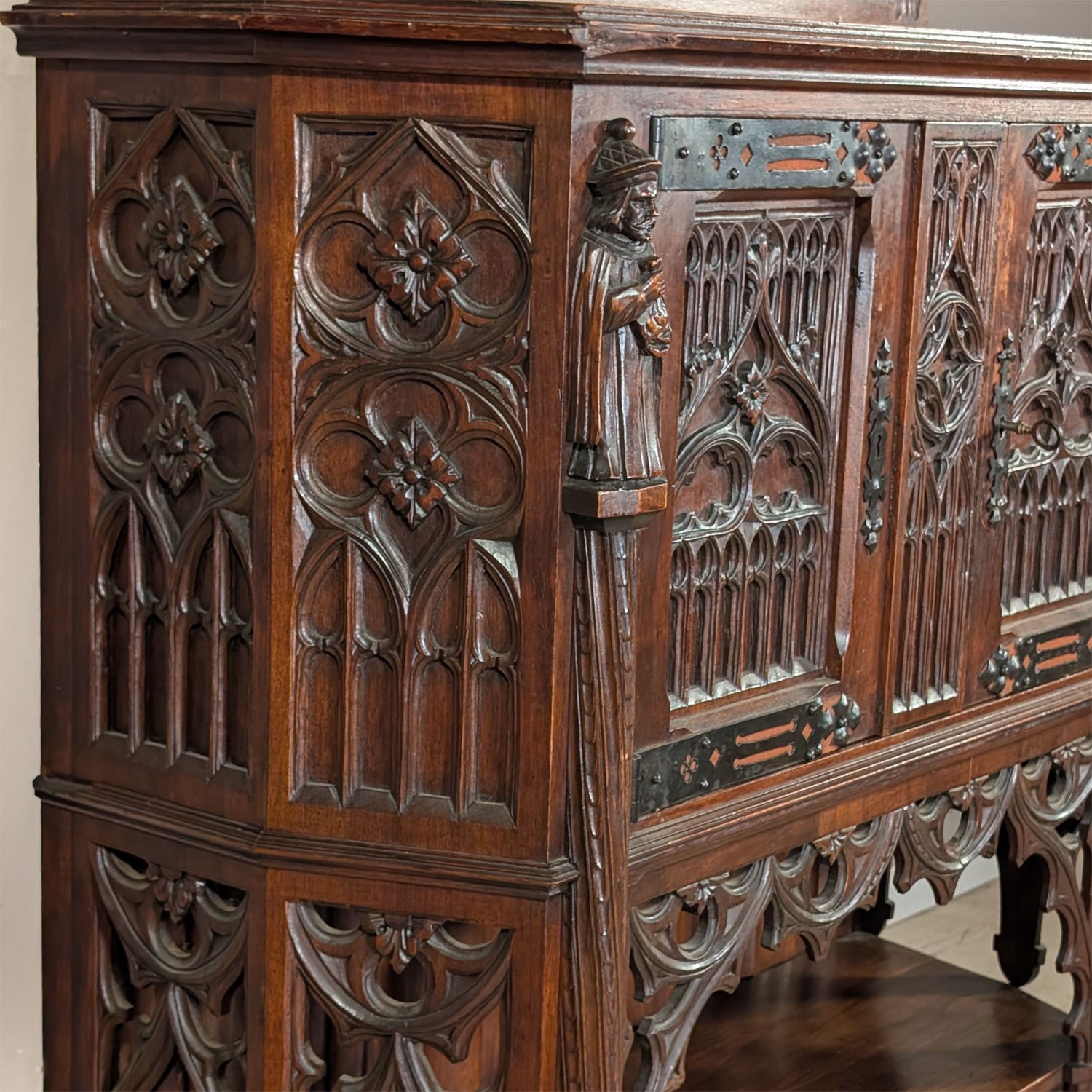 Premium Quality Antique French Gothic Carved Walnut Cabinet Pedestal