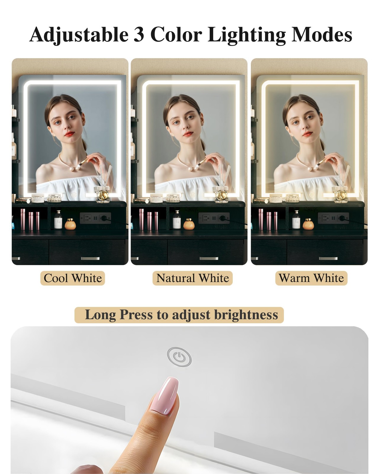 Makeup Vanity Desk with Mirror and Lights, Small Vanity with Chair & Shelves