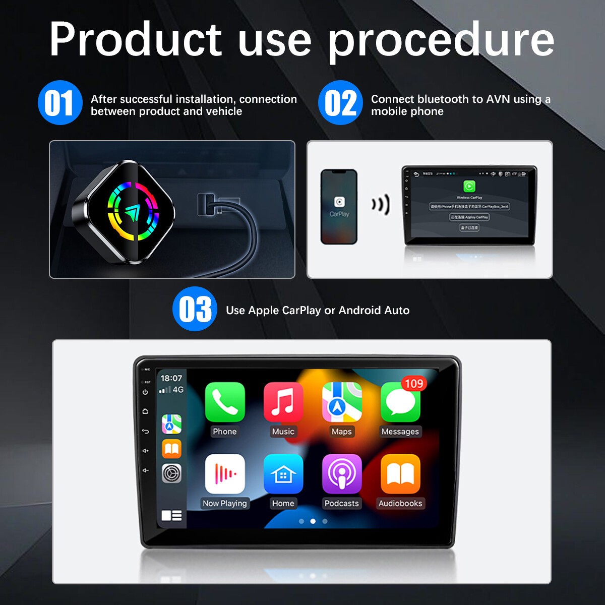 Wireless CarPlay Adapter for Apple iPhone & Android Auto USB Adapter Plug & Play