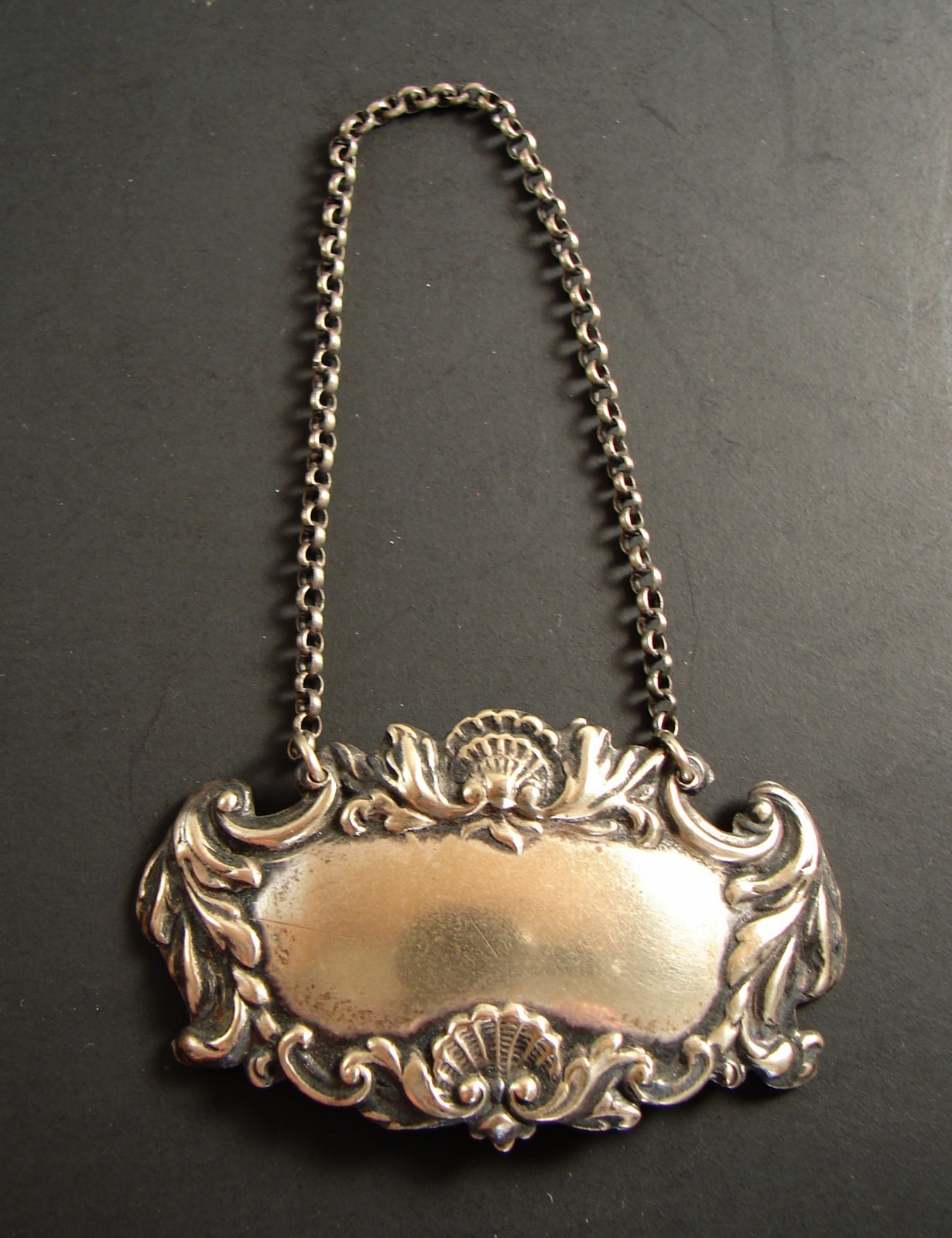 Vintage Silverplate Decanter Label Bottle Hanging Tag Ornate Shell Scroll Design