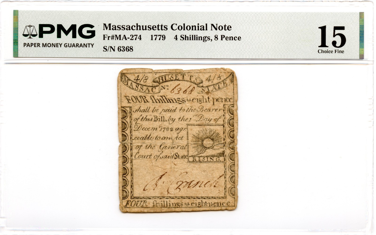 Massachusetts Colonial Note Fr#MA-274 1779 4s8d PMG F-15 *Paul Revere Sun*
