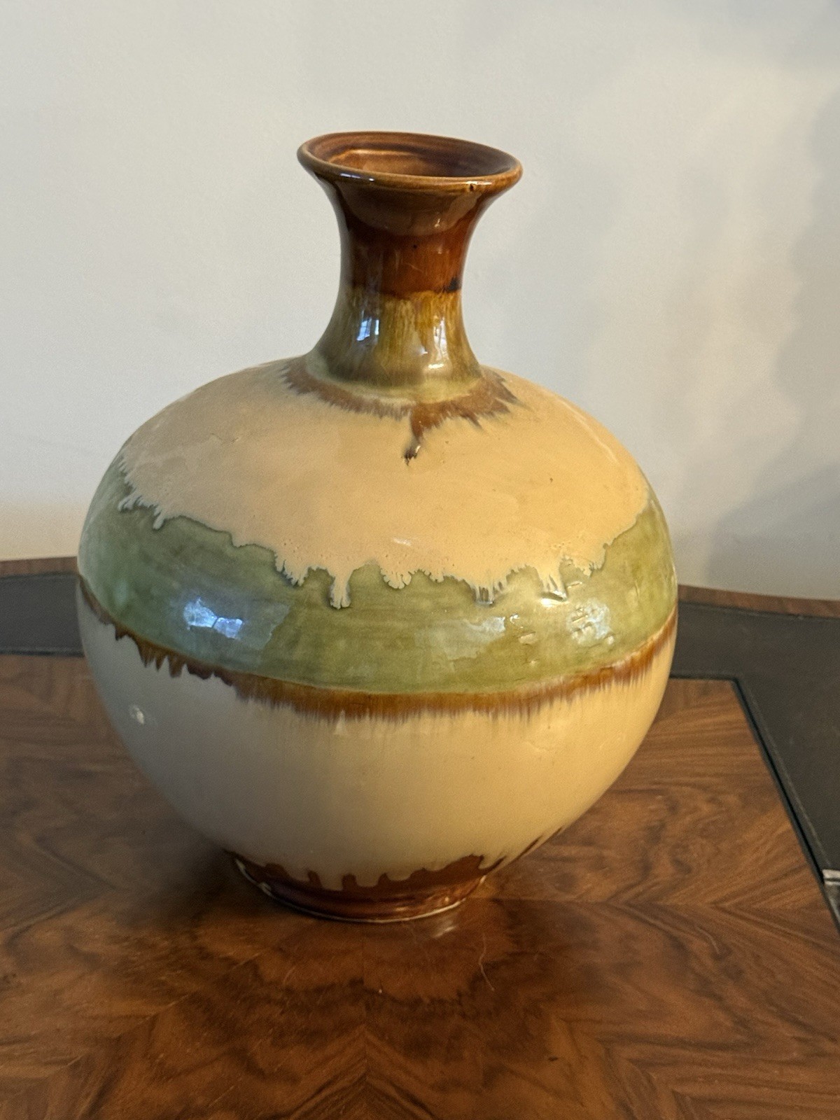 Large Handmade Pottery Glazed Earth Tone Drip Glaze Vase Table Centerpiece