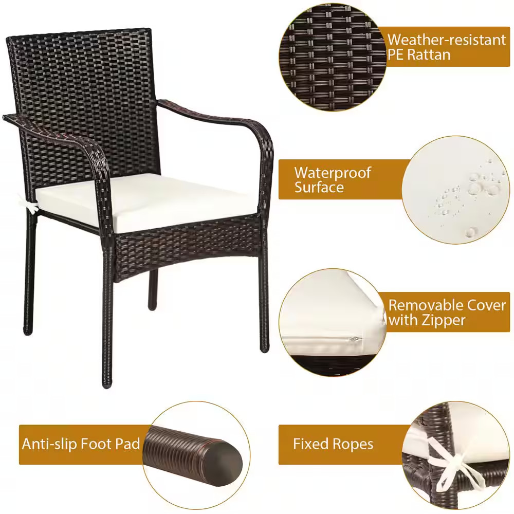Cushioned Wicker Outdoor Dining Chair Stackable with Cushionguard Beige Cushions