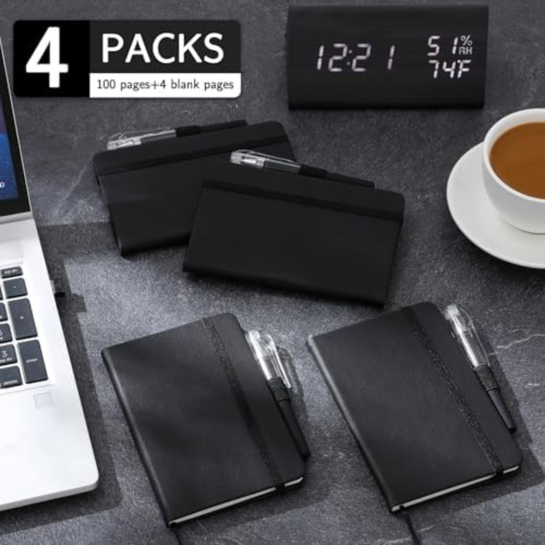 4 Pack Small Notebook Pocket Notebook, A6 Mini Leather Hardcover Journal, 3.7"