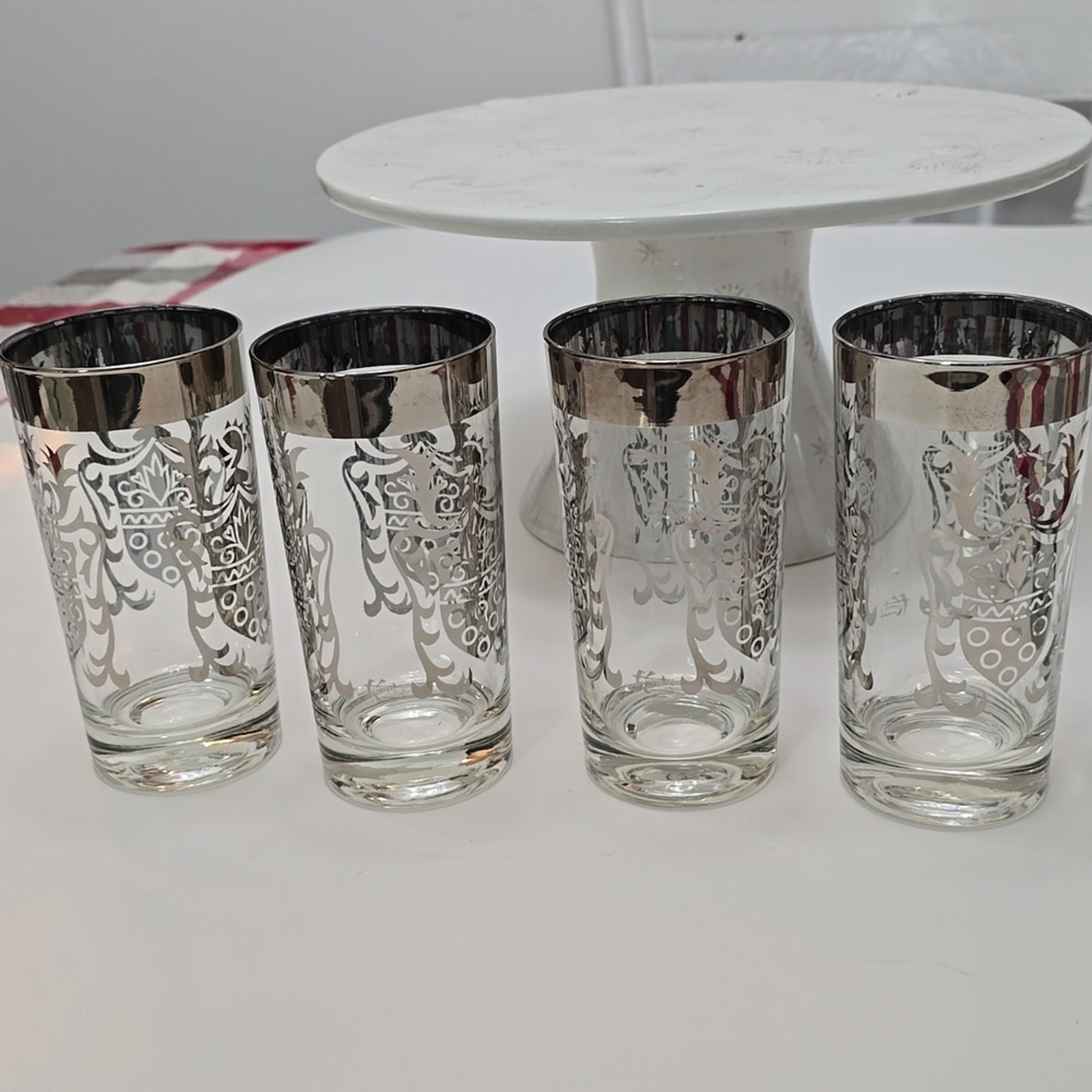 Vintage MCM Set Of 4 Kimiko Silver Knight Shield Highball Glasses Barware
